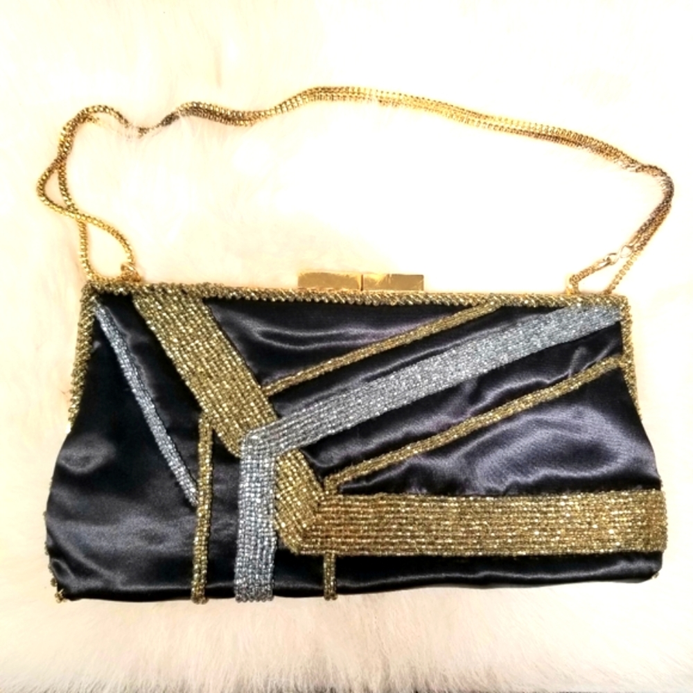 Walborg Vintage Silver Gold Beaded Satin Clutch Purse
